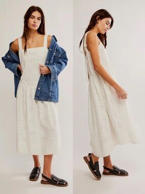 NWT Free People Primavera Eyelet Midi Dress White Cotton Cottage Boho Sundress